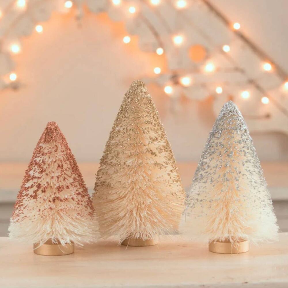 Bethany Lowe Set of 3 Metallic Bottle Brush Christmas Trees Gold Silver Copper